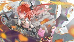  1girl absurdres ailiailiai_7th arknights arknights:_endfield bag bare_shoulders black_dress black_gloves black_horns black_ribbon blurry blurry_edges blurry_foreground breasts burnt_clothes chromatic_aberration collar colored_petticoat commentary_request debris demon_girl demon_horns detached_collar detached_sleeves dress dust embers fire forgeborn_scathe_(arknights) gloves hair_between_eyes hair_intakes highres holding holding_sword holding_weapon horns incoming_attack laevatain_(arknights) light_particles long_hair looking_at_viewer motion_blur petticoat red_hair ribbon sideless_dress slit_pupils solo sparks spiked_collar spikes strap surtr_(arknights) sword upper_body violet_eyes weapon white_background 