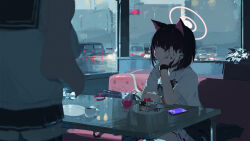  2girls absurdres animal_ears bilibalakonglijiwa black_hair blue_archive booth_seating cake cake_slice car cat_ears cellphone clothes_around_waist colored_inner_animal_ears colored_inner_hair commentary earphones elbow_rest extra_ears food hair_ornament hairpin halo head_rest highres indoors jacket jacket_around_waist jewelry juice kazusa_(band)_(blue_archive) kazusa_(blue_archive) motor_vehicle multicolored_hair multiple_girls multiple_rings natsu_(blue_archive) phone pink_eyes pink_hair pink_halo plate pleated_skirt print_shirt restaurant ring shirt short_hair short_sleeves sitting skirt smartphone solo_focus spoon studded_choker table two-tone_hair white_shirt white_skirt wristband 