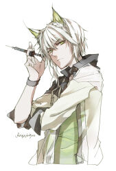  1boy animal_ear_fluff animal_ears arknights cat_ears cat_girl closed_mouth commentary_request genderswap genderswap_(ftm) green_eyes green_shirt highres holding holding_syringe jacket kal'tsit_(arknights) ljayu looking_at_viewer male_focus shirt short_hair simple_background solo syringe upper_body white_background white_hair white_jacket wristband 