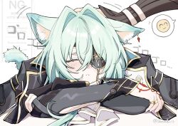  1boy anaxa_(honkai:_star_rail) animal_ear_piercing animal_ears black_jacket cat_boy cat_ears cat_tail closed_eyes commentary_request crossed_arms eyepatch hair_intakes hand_tattoo highres honkai:_star_rail honkai_(series) jacket jacket_on_shoulders jewelry kemonomimi_mode long_sleeves male_focus multiple_rings petting ring shiromochiii13 simple_background solo tail tattoo twitter_username watermark white_background 