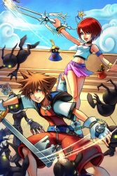  1boy 1girl artist_name battle belt black_choker blue_eyes blue_sky brown_hair choker colosseum crown_necklace day fighting fingerless_gloves foot_up_heel_up full_body gloves heartless_(kingdom_hearts) highres holding holding_weapon hollypolllyy hood hood_down in-universe_location jewelry jumpsuit kairi_(kingdom_hearts) keyblade kingdom_hearts kingdom_hearts_i kingdom_key looking_at_another midriff navel necklace nomura_tetsuya_(style) oathkeeper outdoors pointy_hair purple_belt purple_skirt red_hair red_jumpsuit shadow_(kingdom_hearts) short_hair skirt skort sky sleeveless smile sora_(kingdom_hearts) spiky_hair tank_top weapon white_tank_top wristband 