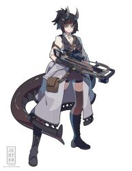  1girl arrow_(projectile) bag belt black_boots black_gloves black_hair boots breasts brown_bag closed_mouth commentary commission crossbow crossbow_bolt dragon_horns dragon_tail english_commentary full_body gloves green_eyes high_ponytail highres holding holding_crossbow holding_weapon horns jesternalagon light_frown long_sleeves looking_at_viewer multiple_belts original ponytail scope serious shorts solo standing tail thigh-highs twitter_username waist_cape weapon white_background 