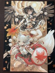  2girls absurdres animal_ears black_hair black_skirt black_wings camera commentary dated detached_sleeves falling_leaves feathered_wings frilled_skirt frills full_body geta hat highres holding holding_camera holding_shield holding_sword holding_weapon inubashiri_momiji leaf looking_at_viewer mosho multiple_girls open_mouth pointy_ears pom_pom_(clothes) puffy_short_sleeves puffy_sleeves red_eyes red_hat red_skirt ribbon-trimmed_sleeves ribbon_trim shameimaru_aya shield shirt short_hair short_sleeves signature skirt sleeveless sleeveless_shirt sword tail tengu tengu-geta tokin_hat touhou weapon white_hair white_shirt wide_sleeves wings wolf_ears wolf_girl wolf_tail 