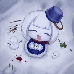  1girl :d ^_^ agpgwm blue_dress blue_hat blush bob_cut borrowed_character center-flap_bangs chibi chibi_only closed_eyes colored_skin commentary_request dress facing_viewer food footprints fruit full_body fur-trimmed_dress fur-trimmed_sleeves fur_trim hat hat_tip highres holding holding_snow_rabbit koyuki_(pepoyo) long_sleeves no_eyebrows no_nose open_mouth original outdoors red_scarf scarf short_hair smile snow snow_rabbit snowman solo stick tongue white_hair white_skin 