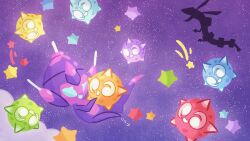  commentary floating highres hug minior minior_(blue_core) minior_(core) minior_(green_core) minior_(orange_core) minior_(red_core) minior_(yellow_core) no_humans poipole pokemon pokemon_(creature) pokemon_focus purple_sky rayquaza ririko_(nagareboshi) sky smile star_(sky) star_(symbol) untranslatable_commentary 