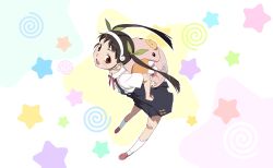  1girl animal_bag anime_coloring ankle_socks artist_request backpack bag bare_shoulders bird black_hair black_skirt bow bowtie buttons card_commentary cherry_print collared_shirt commentary duck eyelashes fang floating_hair food_print fruit_print full_body game_cg green_bow hachikuji_mayoi hair_bow hairband hand_on_own_hip happy high-waist_skirt highres knees large_bag leaning_forward light_blush mahou_shoujo_madoka_magica mahou_shoujo_madoka_magica_magia_exedra miniskirt monogatari_(series) official_art open_mouth pink_bag pleated_skirt print_skirt red_bow red_bowtie red_eyes red_shoes school_uniform shirt shoes short_sleeves skin_fang skirt smile socks solo spiral star_(symbol) star_symbol_background suspender_skirt suspenders tareme twintails white_background white_hairband white_shirt white_socks 