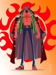  1boy abs bandana beard black_hair chest_tattoo clenched_hands colored_skin commentary epaulettes facial_hair fisher_tiger gradient_background green_shirt highres justnillustration long_hair male_focus one_piece open_clothes open_shirt red_skin sandals shirt sideburns solo striped_clothes striped_shirt tattoo vertical-striped_clothes vertical-striped_shirt 