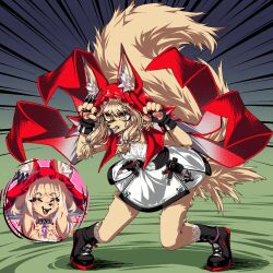  1girl animal_ear_fluff animal_ears arknights arknights:_endfield black_boots blonde_hair boots cape claw_pose commentary dress ears_through_headwear english_commentary fingerless_gloves furrification furry furry_female gloves hands_up highres hood hood_up hooded_cape long_hair looking_at_viewer multiple_views open_mouth parted_lips red_cape rossi_(arknights) tail tofusquisha white_dress wolf_ears wolf_girl wolf_tail yellow_eyes 