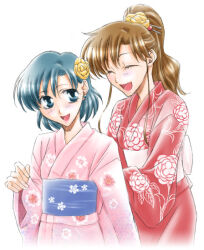  2girls bishoujo_senshi_sailor_moon black_hair blue_eyes brown_hair closed_eyes japanese_clothes kimono kino_makoto looking_at_another mizuno_ami multiple_girls ponytail simple_background smile takano_saku yukata 