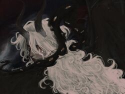  1boy artist_name bat_wings black_horns black_wings closed_mouth colored_skin commentary extra_arms facial_mark grey_horns grey_skin hair_between_eyes highres horns imu_(one_piece) lips long_hair looking_at_viewer male_focus multicolored_horns one_piece orange_eyes realistic red_eyes ringed_eyes saehrus spoilers twitter_username two-tone_horns wavy_hair white_hair wings 