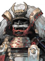  1other aoin armor bead_necklace beads covered_face crest dou facing_to_the_side fake_facial_hair fake_mustache family_crest fukigaeshi helmet japanese_armor jewelry kabuto_(helmet) mane mask necklace nodowa_(gorget) original red_rope rope samurai shikoro shoulder_armor simple_background sode solo upper_body white_background 