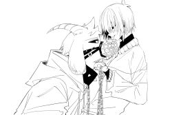  1boy 1other absurdres adoptive_siblings androgynous animal_ears asriel_dreemurr chain chinese_commentary collar commentary_request deltarune furry furry_male goat_boy goat_ears goat_horns greyscale highres hikokisleep247 holding holding_chain hood hoodie horns kris_(deltarune) looking_at_another monochrome muzzle_(mask) open_mouth siblings smile spiked_collar spikes striped_clothes striped_hoodie striped_sweater sweater utdr_(toby_fox) 