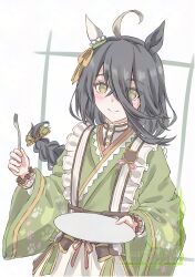  1girl absurdres ahoge animal_ears black_hair blush bow braid braided_ponytail closed_mouth commentary_request ear_covers fork frills gentiano815 green_bow green_kimono hair_between_eyes hair_bow highres holding holding_fork holding_plate horse_ears horse_girl japanese_clothes kimono long_bangs long_hair long_sleeves looking_at_viewer maid manhattan_cafe_(umamusume) manhattan_cafe_(verdant_night)_(umamusume) multicolored_hair official_alternate_costume official_alternate_hairstyle plate single_ear_cover smile solo umamusume wa_maid yellow_eyes 