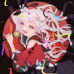  1girl absurdres arm_up black_hat braid chinese_commentary clothing_cutout collar commentary_request diamond_(shape) diamond_facial_mark earrings facial_mark floating_hair from_side hand_up hat hat_ornament heart heart_facial_mark highres holding holding_mask honkai:_star_rail honkai_(series) jewelry long_hair long_sleeves looking_at_viewer mark_under_both_eyes mask open_mouth profile rabbit_hat_ornament red_collar red_slippers shoulder_cutout skirt sleeve_bow slippers solo sparkle_(honkai:_star_rail) sparxie_(honkai:_star_rail) spotlight twintails upper_body white_hair white_skirt wide_sleeves yanyun 