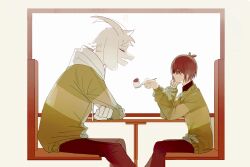  1boy 1other absurdres adoptive_siblings androgynous animal_ears asriel_dreemurr brown_hair chair chinese_commentary closed_eyes commentary_request cream deltarune diner food fruit furry furry_male goat_boy goat_ears goat_horns highres hikokisleep247 holding holding_spoon horns incoming_food kris_(deltarune) leaning_on_table open_mouth red_eyes shared_food siblings sitting spoon strawberry table utdr_(toby_fox) window 