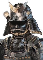  1other aoin armor black_armor commentary_request covered_face crest dou fake_facial_hair fake_mustache fukigaeshi helmet japanese_armor kabuto_(helmet) mask nodowa_(gorget) original portrait rope samurai shikoro shoulder_armor simple_background sode solo white_background 