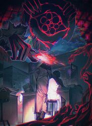   3boys absurdres armband black_coat black_hair black_pants cabinet censored censored_identity chromatic_aberration coat commentary_request cunduwuyong desk disembodied_hand distortion_(project_moon) dual_persona extra_arms extra_eyes from_behind full_body giant glitch highres hohenheim_(project_moon) holding johann_(project_moon) lab_coat laboratory limbus_company long_sleeves male_focus monster multiple_boys on_stool pants paper_stack pointing project_moon short_hair sitting sontakumuyo stool white_coat