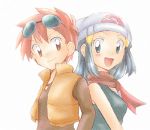  back-to-back back_to_back beanie blue_eyes blue_hair hair_ornament hairclip hat hikari_(pokemon) jewelry multiple_girls necklace nozomi_(pokemon) orange_eyes orange_hair pokemon red_eyes scarf simple_background smile sunglasses vest white_background 