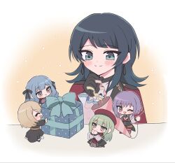  5girls :3 amoris_(bang_dream!) ave_mujica_(bang_dream!) bang_dream! bang_dream!_it's_mygo!!!!! beret black_gloves black_hair black_pantyhose blonde_hair blue_bow blue_eyes blue_hair blush bow cape capelet closed_mouth commentary_request doloris_(bang_dream!) earrings fang gift gloves green_hair hair_ribbon hat highres jewelry kneeling long_hair long_sleeves medium_hair mini_person misumi_uika mortis_(bang_dream!) mortis_(costume)_(bang_dream!) multiple_girls oblivionis_(bang_dream!) one_eye_closed pantyhose party_popper pink_eyes purple_hair red_capelet red_eyes red_hat red_shorts ribbon shorts sidelocks terisa52853 timoris_(bang_dream!) togawa_sakiko two-sided_cape two-sided_fabric wakaba_mutsumi yahata_umiri yellow_eyes yuutenji_nyamu 