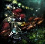  barefoot bubble bubbles chibi_(artist) chibi_(shimon) fan fish folding_fan glow glowing japanese_clothes lantern lights lowres mask miko moonlight staff underwater 