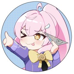  1girl ;p aemeath_(student)_(wuthering_waves) aemeath_(wuthering_waves) ahoge bow bowtie chibi chibi_only commentary english_commentary hair_ornament highres holding holding_paper_airplane jacket long_hair long_sleeves looking_to_the_side one_eye_closed orange_eyes paper_airplane pink_hair pointing pointing_to_the_side ponytail purple_jacket revermam12 solo star-shaped_pupils star_(symbol) symbol-shaped_pupils tongue tongue_out turning_head wuthering_waves yellow_bow yellow_bowtie 