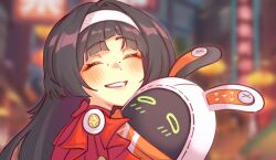  1girl 1other astra_yao bandana bangboo_(zenless_zone_zero) black_hair blunt_sidelocks blush commentary english_commentary evelyn_chevalier hairband highres hug jacket long_hair mole orange_bandana red_jacket sher_(imnotsher) sidelocks smile uneven_bangs white_hairband zenless_zone_zero 