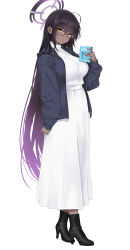  1girl ahoge alternate_costume black-framed_eyewear black_boots black_hair blue_archive blue_jacket book boots breasts commentary_request dark-skinned_female dark_skin dress full_body gradient_hair hair_between_eyes halo high_heel_boots high_heels highres holding holding_book isokaze12 jacket karin_(blue_archive) large_breasts long_dress long_hair looking_at_viewer multicolored_hair parted_lips purple_hair purple_halo semi-rimless_eyewear simple_background sleeves_past_wrists solo turtleneck turtleneck_dress very_long_hair white_background white_dress yellow_eyes 