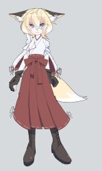  1girl animal_ear_piercing animal_ears blonde_hair blue_eyes boots brown_boots brown_gloves commentary_request fang fox_ears fox_girl fox_tail full_body gloves grey_background hakama highres japanese_clothes menou_74 miko original partially_fingerless_gloves red_hakama skin_fang tail tasuki white_kosode yugake 