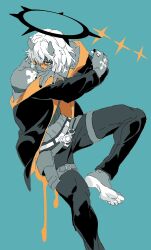  1boy barefoot black_halo black_jacket black_pants blue_background blue_skin box97727 closed_mouth colored_skin commentary_request glasses guilty_gear guilty_gear_strive halo hand_tattoo happy_chaos highres holster horns jacket korean_commentary long_sleeves male_focus medium_hair open_clothes open_jacket orange-tinted_eyewear orange_jacket pants parted_hair shoulder_tattoo smile solo spiked_halo tattoo thigh_holster tinted_eyewear toned toned_male two-sided_fabric two-sided_jacket white_hair x-shaped_eyewear 
