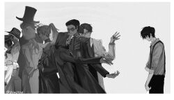  aged_down artist_name character_counter_request character_request dongbaek_(project_moon) dongrang_(project_moon) greyscale gubo_(project_moon) hair_over_one_eye hair_slicked_back hand_on_own_arm hat highres jacket lab_coat limbus_company long_hair monochrome necktie official_alternate_costume pants ponytail project_moon reaching reaching_towards_another rectangular_eyewear round_eyewear shirt short_hair suspenders top_hat waving yi_sang_(project_moon) zikzikzik 