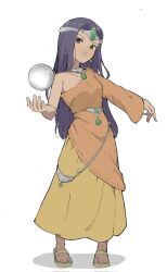 1girl akadashi1210 asymmetrical_dress brown_eyes circlet crystal_ball dark-skinned_female dark_skin dragon_quest dragon_quest_iv dress earrings floating floating_object forehead_jewel full_body gem green_gem highres holding holding_orb jewelry long_dress long_sleeves looking_at_viewer minea_(dq4) neck_ring orange_dress orb pursed_lips sandals silver_circlet single_bare_shoulder single_sleeve solo sphere_earrings standing 