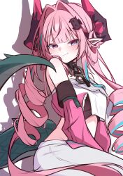  1girl absurdres arknights arknights:_endfield black_horns blue_eyes breasts closed_mouth commentary_request crop_top diamond_in_eye dragon_girl dragon_horns dragon_tail drill_hair hair_intakes hair_on_horn highres horns korean_commentary large_breasts long_hair looking_at_viewer multicolored_hair multicolored_horns pants pink_hair pink_horns pink_sleeves pink_tube_top pointy_ears pol060 simple_background smile solo strapless streaked_hair tail tube_top twin_drills two-tone_horns white_background white_pants yvonne_(arknights) 