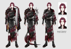  1boy armor belt black_belt black_boots black_gloves black_nails boots character_name coat coat_on_shoulders commentary copyright_notice dinosaur_boy dinosaur_skeleton dinosaur_tail english_commentary fingerless_gloves fingernails full_body fur-trimmed_coat fur_trim glasses gloves grey_background gun haban_(haban35) handgun highres holostars holostars_english holster japanese_armor japanese_clothes jurard_t_rexford jurard_t_rexford_(2nd_costume) kimono male_focus medium_hair multiple_views nail_polish official_alternate_costume official_alternate_eye_color official_art print_kimono red_eyes sample_watermark sharp_fingernails shoulder_armor skeleton_print slit_pupils sode straight-on tachi-e tail variations virtual_youtuber watermark weapon yellow_eyes 