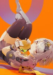  1girl anby_demara anby_demara_(silver_soldier) burger eating hamburger looking_at_viewer short_hair zenless_zone_zero 