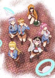  1other 6+girls absurdres aikawa_megumi asakura_karen_(heaven_burns_red) atrans_ko black_hair blonde_hair brown_hair clothes_around_waist commentary_request dual_wielding from_above grey_hair hair_ornament hairpin hat heaven_burns_red highres holding izumi_yuki kayamori_ruka kunimi_tama long_hair multiple_girls narby_(heaven_burns_red) necktie pink_hair red_necktie sailor_hat school_uniform short_hair slime_(creature) team_31a_(heaven_burns_red) toujou_tsukasa 