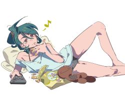  1girl ahoge black_panties commentary controller e123oo earrings finger_in_own_mouth food food_on_body green_hair highres holding holding_controller holding_food holding_remote_control jewelry lying musical_note off-shoulder_shirt off_shoulder on_side paldean_wooper panties pillow pokemon pokemon_scarlet_and_violet red_eyes remote_control rika_(pokemon) shirt spoken_musical_note underwear untranslatable_commentary white_shirt 