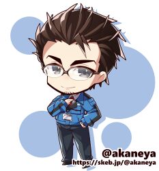  1boy adjusting_clothes adjusting_necktie akaneya black_pants black_shoes blue_jacket brown_hair character_request chibi chibi_only closed_mouth commentary_request commission copyright_request full_body glasses grey_eyes jacket long_sleeves looking_at_viewer lowres male_focus necktie over-rim_eyewear pants red_necktie semi-rimless_eyewear shoes short_hair skeb_commission smile solo standing thick_eyebrows twitter_username web_address 