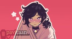  1girl ahoge artist_name ashley_graves black_choker black_hair blanket blush bright_pupils choker closed_mouth commentary curly_hair english_commentary expressionless frown hair_tie looking_at_viewer low_side_ponytail nose_blush outline paviraan pink_eyes portrait red_background short_hair side_ponytail sidelighting sidelocks simple_background solo star_(symbol) straight-on the_coffin_of_andy_and_leyley twitter_logo under_covers watermark white_outline white_pupils 