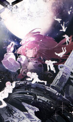  1girl absurdres alternate_costume astronaut bang_dream! bang_dream!_it's_mygo!!!!! chihaya_anon chinese_commentary chinese_text closed_mouth commentary_request floating_hair full_moon glint grey_eyes helmet highres holding incredibly_absurdres kdndnmwindy long_hair long_sleeves moon outdoors pink_hair sequential space space_helmet space_station spacecraft spacesuit translation_request 