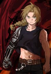  1boy bare_shoulders belt black_pants black_tank_top blonde_hair braid brown_belt chalian105 closed_mouth edward_elric frown fullmetal_alchemist highres long_hair male_focus mechanical_arms midriff navel pants prosthesis prosthetic_arm single_mechanical_arm solo standing tank_top v-shaped_eyebrows wallet_chain yellow_eyes 