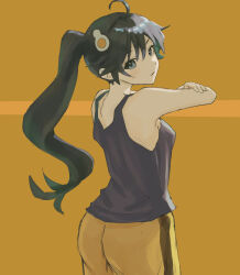  1girl ahoge araragi_karen armpits bare_shoulders black_eyes black_hair black_tank_top breasts commentary crossed_arms egg_hair_ornament food-themed_hair_ornament fried_egg from_behind hair_between_eyes hair_ornament highres long_hair looking_at_viewer looking_back medium_breasts monogatari_(series) nisemonogatari one-hour_drawing_challenge oretekiya shorts side_ponytail single_vertical_stripe sketch solo standing tank_top very_long_hair yellow_background yellow_shorts 