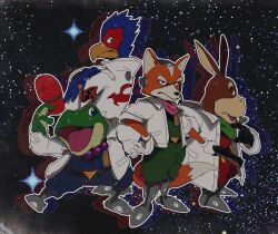  4boys :d animal animal_ears bead_necklace beads beak bendedede bird bird_boy boots crocodilian crossed_arms falco_lombardi fox_boy fox_ears fox_mccloud frog_boy full_body furry furry_male galaxy gloves gun hand_fan handgun hat headphones holding holding_weapon jacket jewelry lab_coat looking_at_viewer looking_back mask multiple_boys necklace nintendo open_clothes open_jacket peppy_hare rabbit_boy rabbit_ears removing_hat scarf sky slippy_toad smile space star_(sky) star_fox starry_sky unworn_hat unworn_headwear weapon white_gloves 