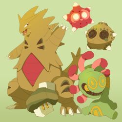  :d cradily green_background highres minior minior_(core) minior_(red_core) nacli no_humans pokemon pokemon_(creature) simple_background smile strontiumsun tyranitar 