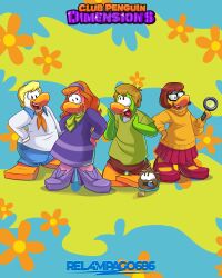  2boys 2girls abstract_background absurdres artist_name blonde_hair blue_pants brown_fur brown_hair club_penguin copyright_logo cosplay daphne_blake daphne_blake_(cosplay) dress fred_jones fred_jones_(cosplay) furrification furry furry_female furry_male glasses green_fur green_shirt hairband highres holding holding_magnifying_glass logo long_hair magnifying_glass multiple_boys multiple_girls open_mouth orange_hair orange_sweater pants pink_fur pleated_skirt puffle_(club_penguin) purple_dress purple_hairband purple_shoes red_skirt relampago686 scooby-doo_(series) shaggy_rogers shaggy_rogers_(cosplay) shirt shoes short_hair skirt sweater teeth upper_teeth_only velma_dinkley velma_dinkley_(cosplay) white_fur white_shirt yellow_fur 
