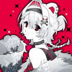  1girl 2000s_(style) animal_ear_piercing animal_ears bear_ears bear_girl bear_paws black_collar black_shirt braid claws collar commentary commission eyebrow_piercing eyes_visible_through_hair face_piercing from_side fur_trim hair_intakes hair_ornament hair_over_one_eye hairband half_updo hand_up highres ka_de_niujiao_bao mole mole_under_eye original piercing portrait red_background red_eyes shirt sidelocks simple_background skull_and_crossbones skull_hair_ornament solo sparkle spike_piercing spiked_collar spikes striped_clothes striped_shirt twin_braids untranslatable_commentary watermark white_hair 