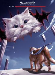  3aem animalization asmoday_(genshin_impact) blue_eyes blue_sky broken cat character_name closed_mouth english_commentary from_behind full_body furry furry_female genshin_impact highres lumine_(genshin_impact) meme no_humans orange_cat outdoors pillar portal_(object) shade shadow sky standing star_(symbol) upper_body white_cat 