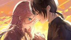  1boy 1girl absurdres backlighting black_hair black_kimono blue_eyes braid braided_sidelocks brown_kimono chinese_commentary closed_eyes clouds commentary_request crying crying_with_eyes_open double-parted_bangs fingernails forehead-to-forehead from_side hair_between_eyes hands_up heads_together highres holding_hands ia_(vocaloid) japanese_clothes kani_samurai kimono long_hair looking_down low_ponytail orange_sky outdoors parted_lips pink_hair ponytail profile short_hair short_ponytail sidelocks sky sunset tears u_u vocaloid wind 