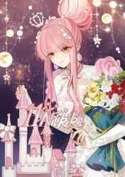  1girl above-cleavage_cutout aerial_fireworks ahk_dh arm_warmers beads birthday blue_flower blunt_bangs bouquet bow bow_choker bowtie brown_eyes castle character_name chinese_commentary choker closed_mouth clothing_cutout commentary_request cowboy_shot crown diamond_earrings downturned_eyes dress earrings eyes_visible_through_hair fireworks floating_crown flower hair_beads hair_bun hair_ornament happy highres holding holding_bouquet jewelry lace lace_arm_warmers lace_dress lavender_(flower) lipstick looking_at_object makeup mini_crown miracle_nikki night nikki_(nikki) nikki_(series) outdoors pink_bow pink_bowtie pink_choker pink_hair pink_lips puffy_short_sleeves puffy_sleeves red_flower red_rose rose short_hair_with_long_locks short_sleeves sidelocks silver_crown single_hair_bun smile solo song_of_youth_(miracle_nikki) standing star_(symbol) string_of_light_bulbs sunflower watermark wavy_hair weibo_watermark white_arm_warmers white_dress white_flower white_rose yellow_flower 