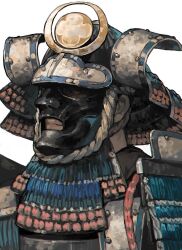  1boy aoin armor commentary_request covered_face crest dou facing_to_the_side family_crest from_side fukigaeshi helmet japanese_armor kabuto_(helmet) mask nodowa_(gorget) original rope samurai shikoro shoulder_armor simple_background sode solo upper_body white_background 