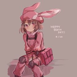  1girl ammunition_pouch animal_ear_headwear between_legs brown_hair child commentary_request cowboy_shot grey_background hand_between_legs happy_birthday hat highres hozumi_rino jacket knee_guards llenn_(sao) medium_hair outline pants pink_eyes pink_hat pink_jacket pink_pants pouch simple_background sitting smile solo sword_art_online sword_art_online_alternative:_gun_gale_online white_outline 